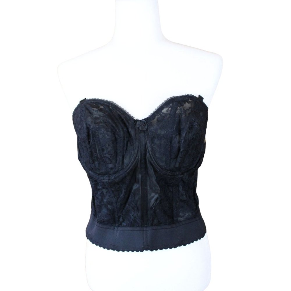 Goddess Long Line Bra Bustier Black Lace 40B 1990s Full Coverage Strapless b82